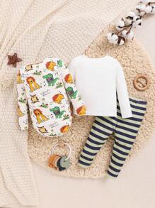 SHEIN Langarm-hauskleidungsset Für Kleinkinder, Unisex, Niedliches Tiermuster, 3-teilig