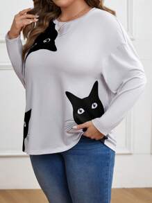 EMERY ROSE Plus Size Women's Kitty Printed Drop Shoulder T-shirt - Light Grey - View 5