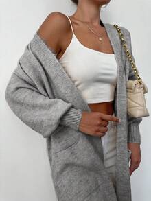 EURMUSE Dual Pocket Drop Shoulder Open Front Longline Duster Cardigan - Grey - View 3