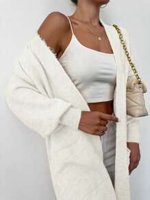 EURMUSE Dual Pocket Drop Shoulder Longline Duster Cardigan - White - View 4