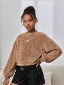 SHEIN Tween Girl Street Fashion Knitted Solid Color Double-Sided Fleece Sweatshirt For Sports - Khaki - View 6