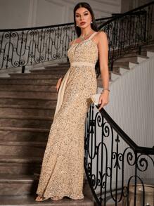 SHEIN Belle Vestido Feminino Com Recorte Em Tela, Fenda Alta E Lantejoulas - Champanhe - Visão 4