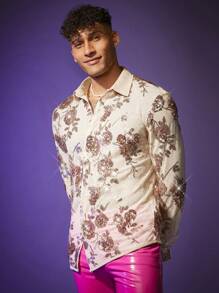 FeverCity Men's Casual Floral Beaded Shirt - Champagne - View 6