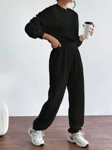 SHEIN Essnce Women's Round Neck Drop Shoulder Sweatshirt And Joggers Set - Black - View 1