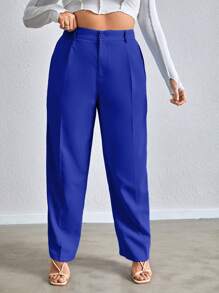 SHEIN Essnce Women's Plus Size Solid Color Long Pants - Royal Blue - View 1
