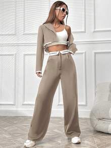 SHEIN Unity Của phụ nữ Tương phản Cổ bẻ Áo vest Và Mẫu chữ Dây thắt lưng Quần ống rộng Bộ đồ - Màu be - Xem 3