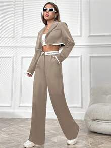 SHEIN Unity Của phụ nữ Tương phản Cổ bẻ Áo vest Và Mẫu chữ Dây thắt lưng Quần ống rộng Bộ đồ - Màu be - Xem 4