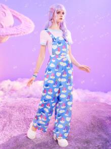 ROMWE X Care Bears 可愛的雲＆熊圖形緊身全印花情況萬能褲 - 藍色 - 查看 6