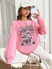 SHEIN EZwear Women's Floral Print Sweatshirt With Slogan - Baby Pink - View 5