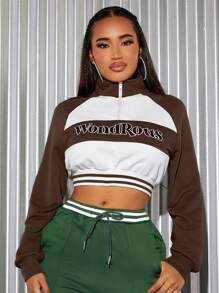 SHEIN SXY Women's Color Block Letter Pattern Half Zipper Cropped Sweatshirt - Coffee Brown - View 1