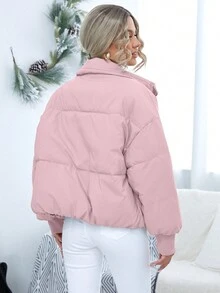 SHEIN Essnce 纯色棉质休闲冬季夹克 - 淺粉色 - 查看 2