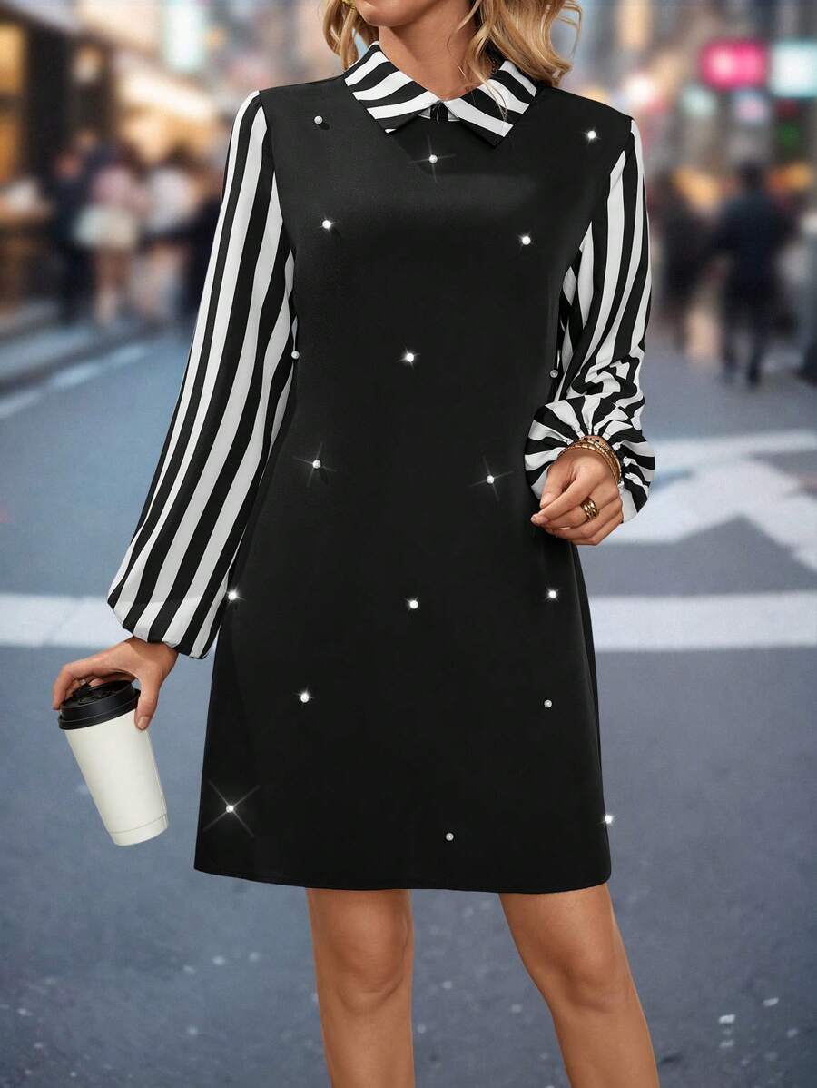 SHEIN Privé Vestido Ajustado Con Mangas De Linterna Con Estampado De Patchwork Y Rayas - Negro - Ver 1