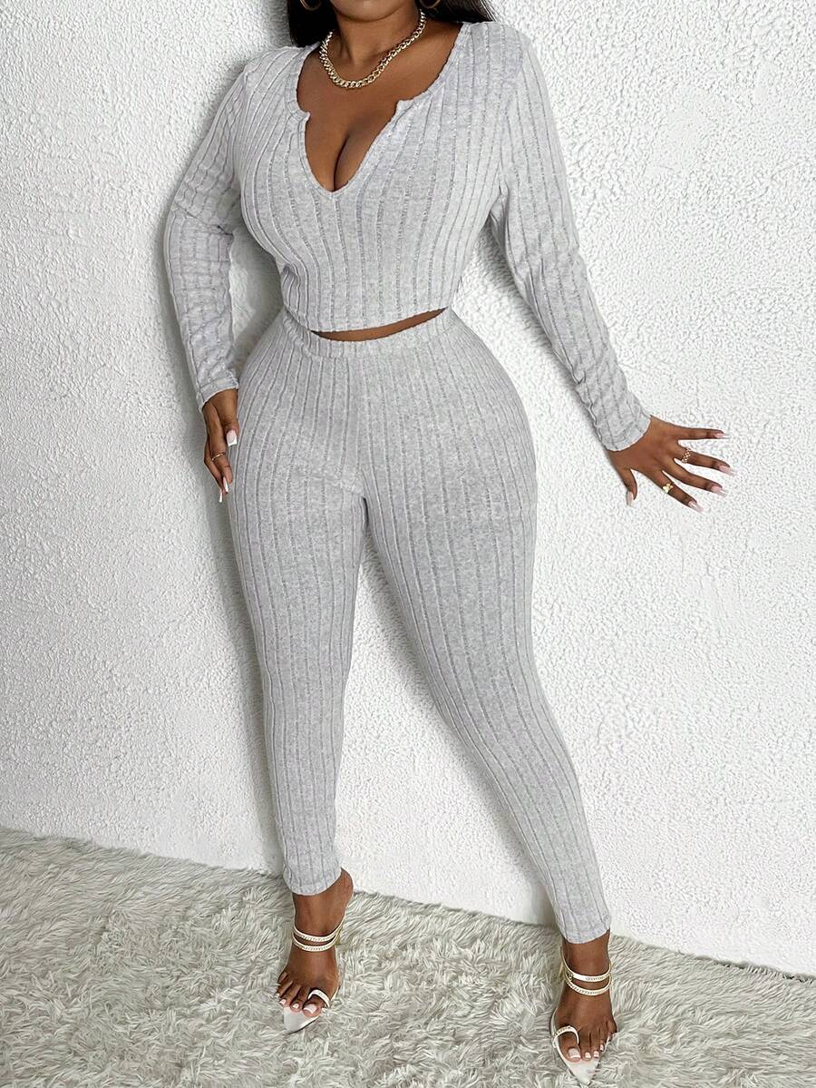 Slaydiva Plus Notched Neck Crop Tee & Leggings - Light Grey - View 1