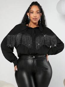 SHEIN CURVE+ 女士加大號碼上衣,配流蘇裝飾 - 黑色 - 查看 4