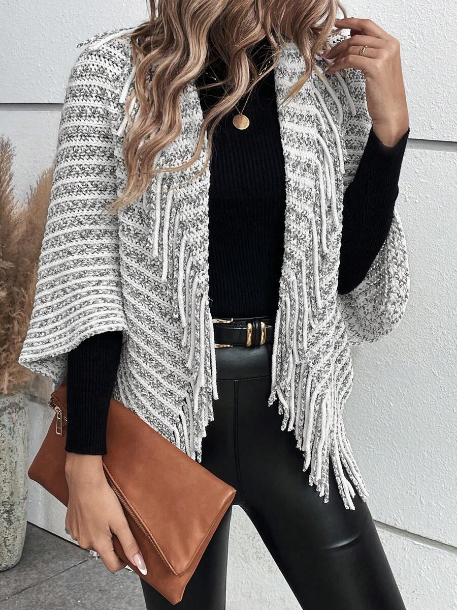 SHEIN LUNE 女士條紋流蘇邊蝙蝠袖開襟針織外套 - 黑與白 - 查看 1