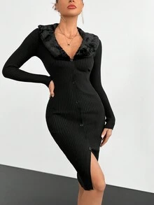 SHEIN Privé Len Vòng cổ Mặt trước DOUBLE-BREASTED Viền chia cắt Quần bó Dệt kim Đầm - màu đen - Xem 4