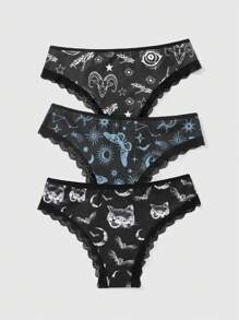 ROMWE Goth 3pcs/set Women's Lace Trimmed Butterfly & Bat & Starry Eyes Printed Thong Underwear - Multicolor - View 2