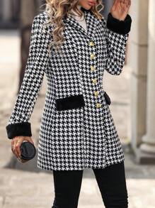 SHEIN Clasi Houndstooth Plush Splice Woolen Coat Fall Cloth For Women - Black - View 5
