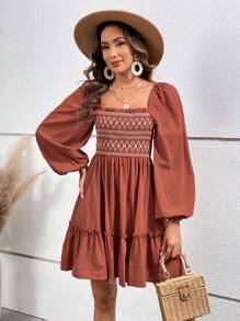 SHEIN VCAY 女性用荷葉袖方領蕾絲詳細假日連衣裙 - 鏽棕色 - 查看 4