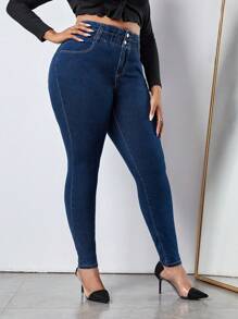 SHEIN SXY 大尺碼修身牛仔褲 - 深色水洗藍 - 查看 6