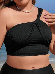 SHEIN Swim Curve Plus Size One Shoulder Solid Color Twisted Swimwear Top - Black - View 1