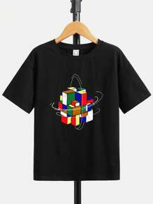 SHEIN Tween Boy's Casual  Print Round Neck Pullover Solid Color T-Shirt - Black - View 1