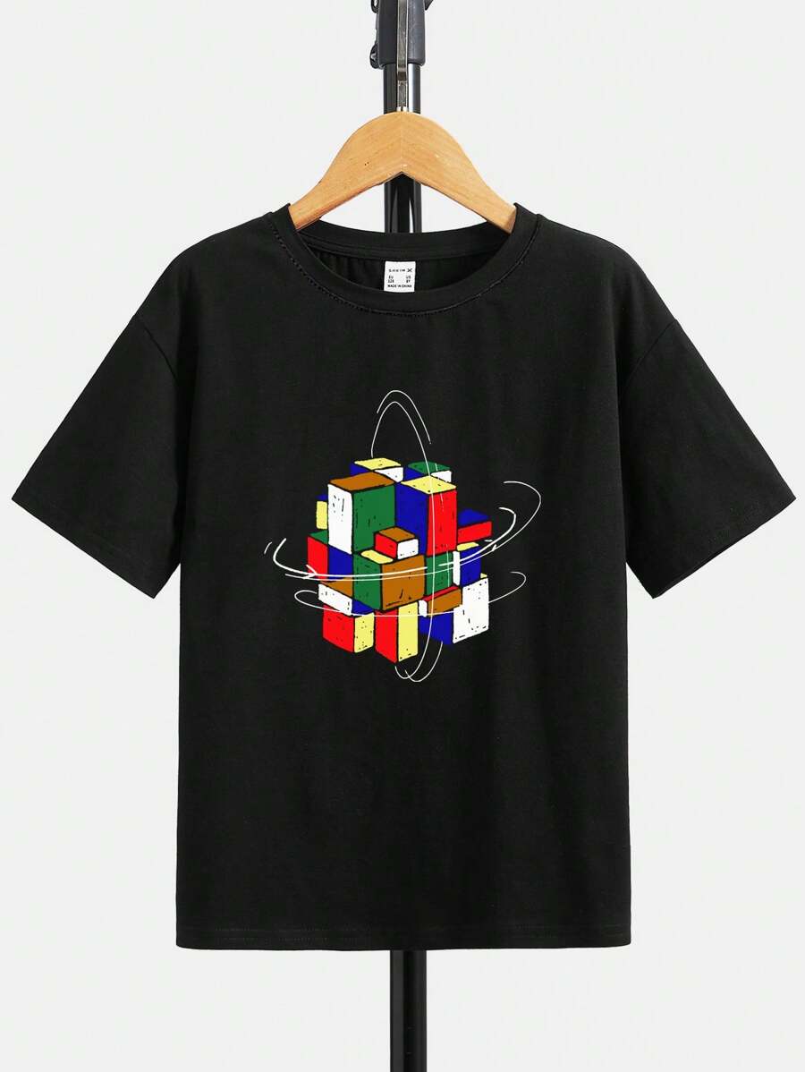 SHEIN Tween Boy's Casual  Print Round Neck Pullover Solid Color T-Shirt - Black - View 1