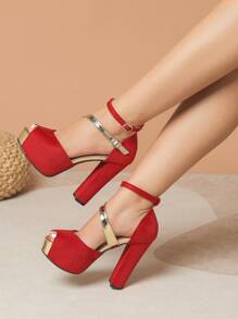 Women's Fashion High Heel Sandals With Buckle Design, Metallic Style, Comfortable Like Scarf, New 2025 Model, Sexy For Nightclub Party, Plus Size Round Toe 12.5CM High Heel Platform Sandals, Red