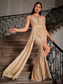 SHEIN Belle Vestido Feminino Com Recorte Em Tela, Fenda Alta E Lantejoulas - Champanhe - Visão 6