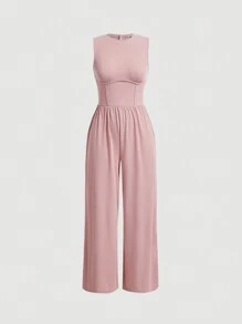 SHEIN MOD 女士純色寬腿連身褲 - 粉色 - 查看 1