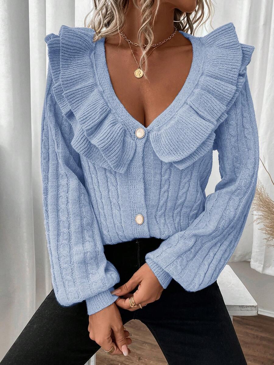 EURMUSE 女士雙扭針織荷葉邊開襟針織衫 - 淺藍色 - 查看 1