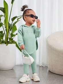SHEIN Baby Girl Casual Hooded Long Sleeve Top & Pants In Grayish Green With Letter Embossing