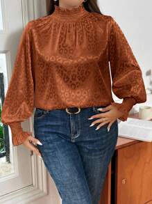 SHEIN Privé Plus Size Leopard Jacquard Half Turtleneck Shirt - Brown - View 3