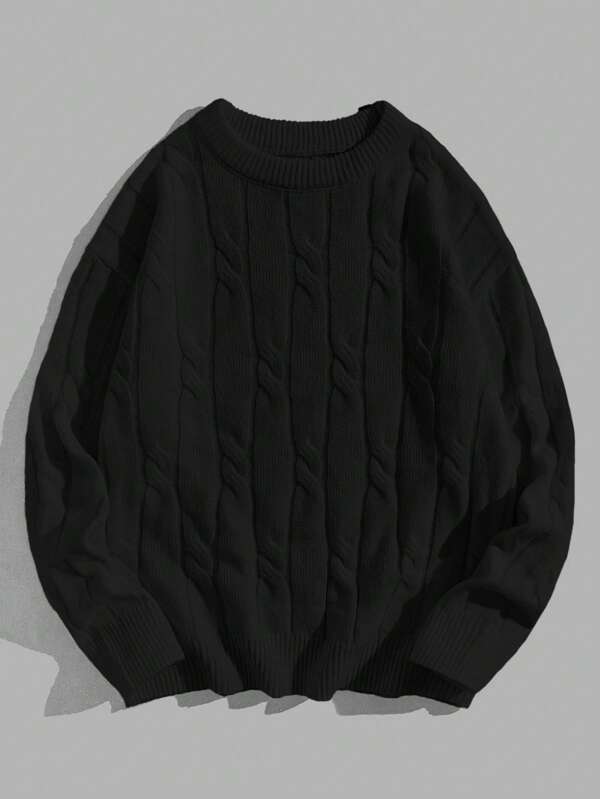 Manfinity Unisex Jersey de cuello redondo de unicolor con hombros caídos para hombres, de punto de cable, para otoño e invierno