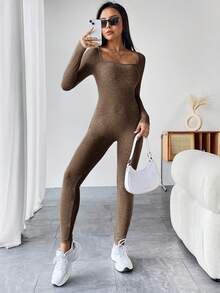 SHEIN PETITE Của phụ nữ Scoop Cổ Áo liền quần - màu nâu - Xem 7