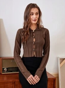 Chiquease Cárdigan Delgado Para Mujer Con Botones, De Un Solo Color - Marrón - Ver 4