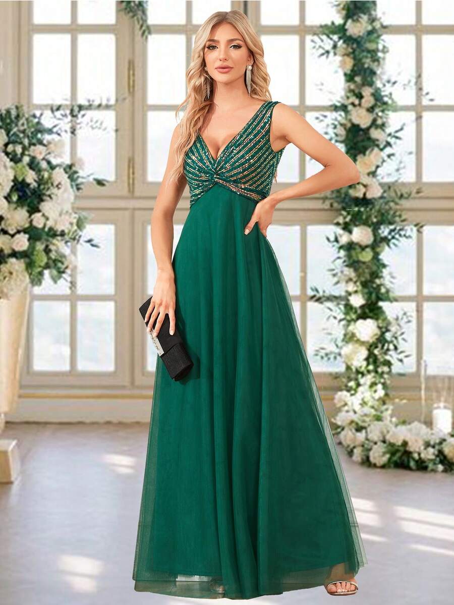 Contrast Sequin Mesh Formal Dress - Dark Green - View 1