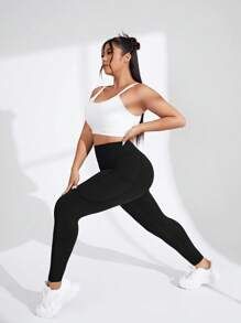 Yoga Basic Women's Plus Size Letter Printed Sports Leggings - Black - View 5