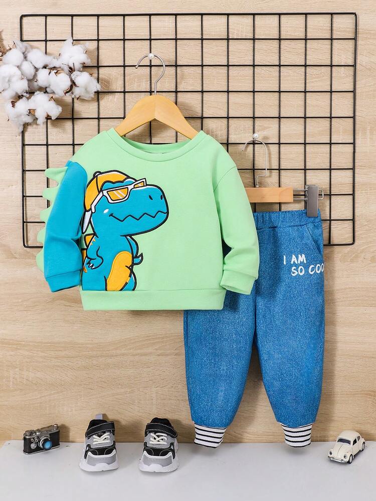 Unisex Baby Cute Dinosaur Print Long Sleeve Sweatshirt And Pants Outfits