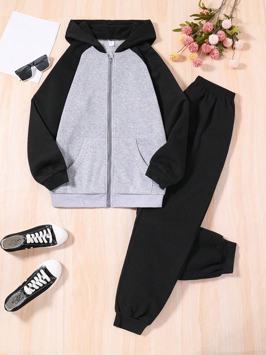 Teen Girl Two Tone Raglan Sleeve Hoodie & Sweatpants - Black - View 1