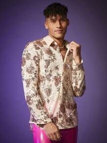 FeverCity Men's Casual Floral Beaded Shirt - Champagne - View 3