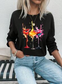 SHEIN LUNE Wine Glass Design Drop Shoulder T-shirt - Black - View 5