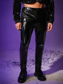 FeverCity 男士休閒擺織pu皮褲 - 黑色 - 查看 3