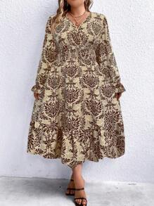 SHEIN LUNE Plus Size Women's Lotus Leaf Sleeve Satin Printed Dress