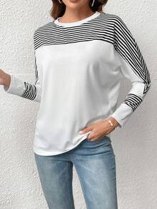 EMERY ROSE Của phụ nữ Sọc & In Vá lại tay cánh Áo thun - trắng - Xem 4