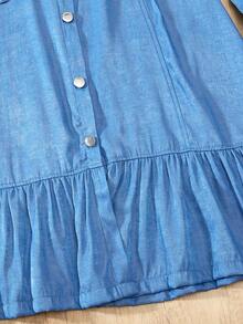 青少年女孩长袖牛仔效果印花腰带装饰休闲连衣裙