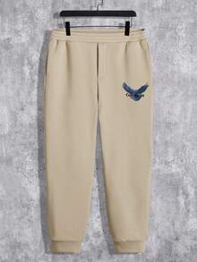 Manfinity Hypemode Men's Hooded Sweatshirt And Pants Set With Eagle And Letter Print, Plus Size - Khaki - View 4