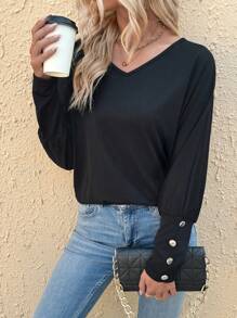SHEIN LUNE 女士鈕扣裝飾長袖t恤 - 黑色 - 查看 6