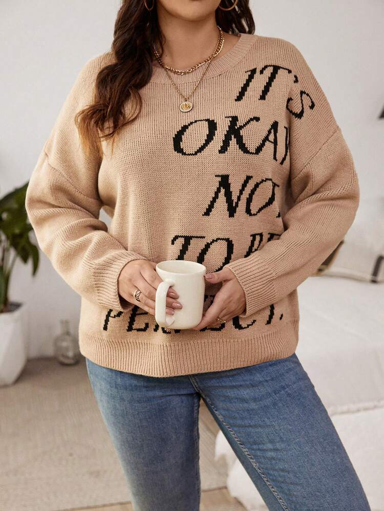 Women's Plus Size Letter Print Round Neck Drop Shoulder Sweater Knit Pullover Fall Winter Sweater