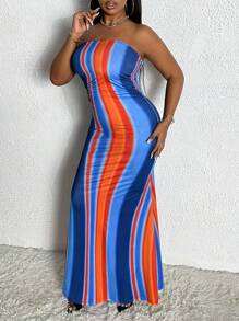 Slaydiva 加大尺碼拼色修身露肩連衣裙 - 藍色 - 查看 3